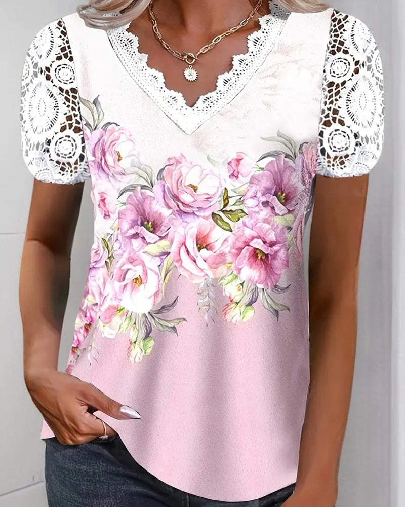 Bluse V-Ausschnitt Spitze Patchwork Blumen