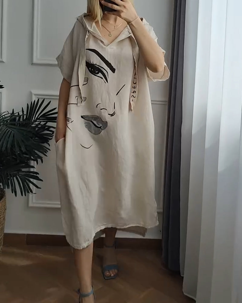 Kleid mit Kapuze Bedruckt Locker Geschnitten