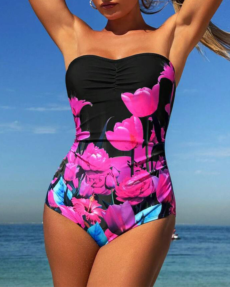 Badeanzug Bandeau Blumenmuster Einteiler