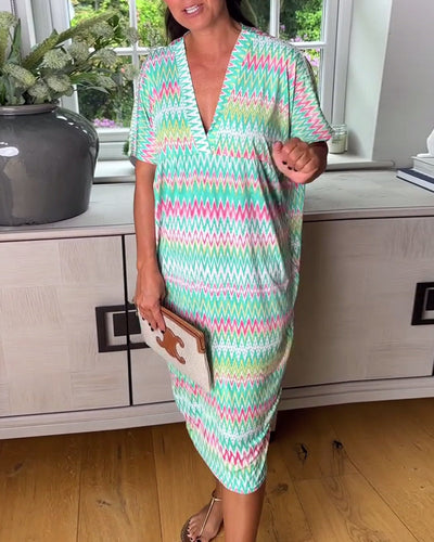 Kleid lässig Wellendruck Schlitz V-Ausschnitt