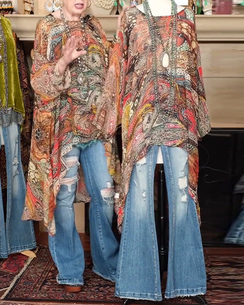 Bluse Locker Fledermausärmel Print