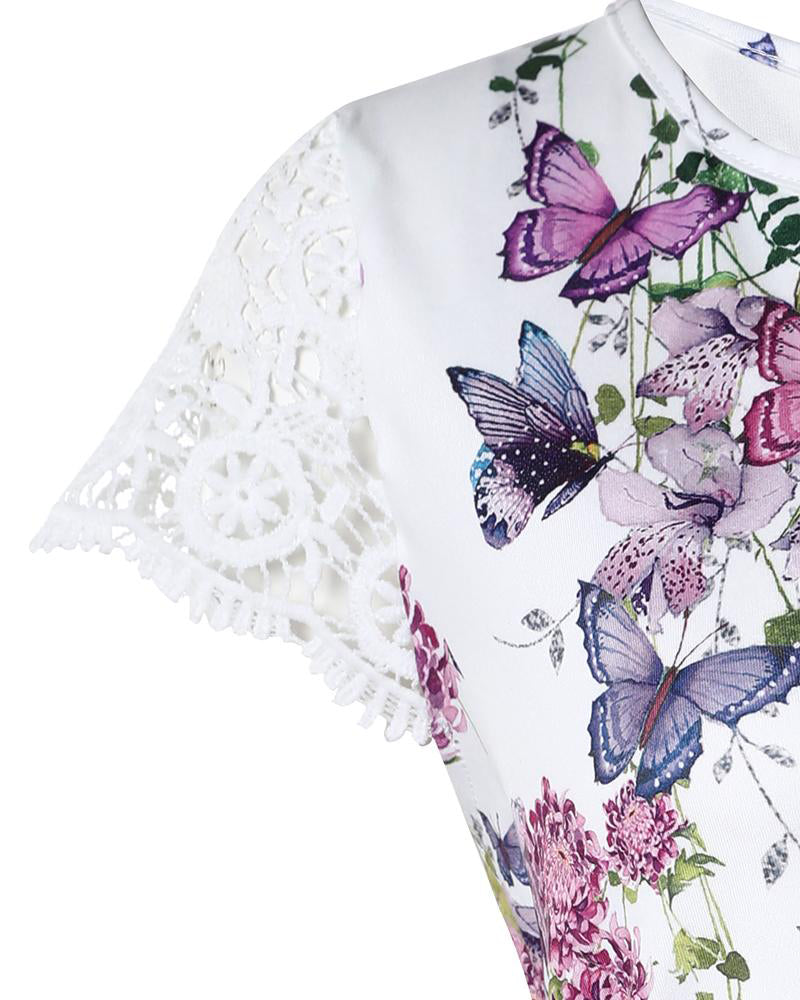 Oberteil Mit Floral Butterfly Print Lace Patch Stil