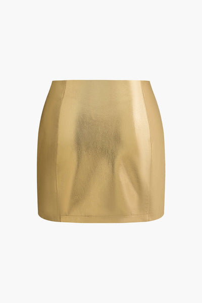 Freyja | Glänzender Gold Metallic-Minirock mit figurbetonter Passform und High-Waist-Schnitt