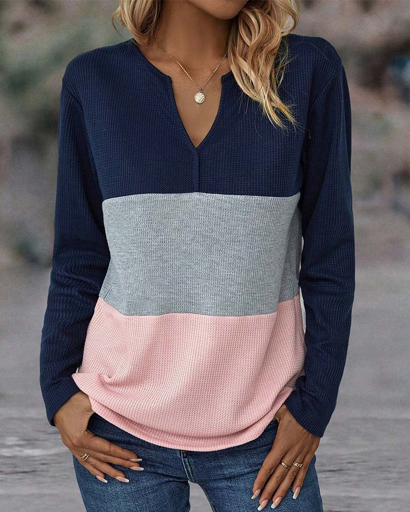 V-Ausschnitt Pullover mit Farbblockmuster für Frauen