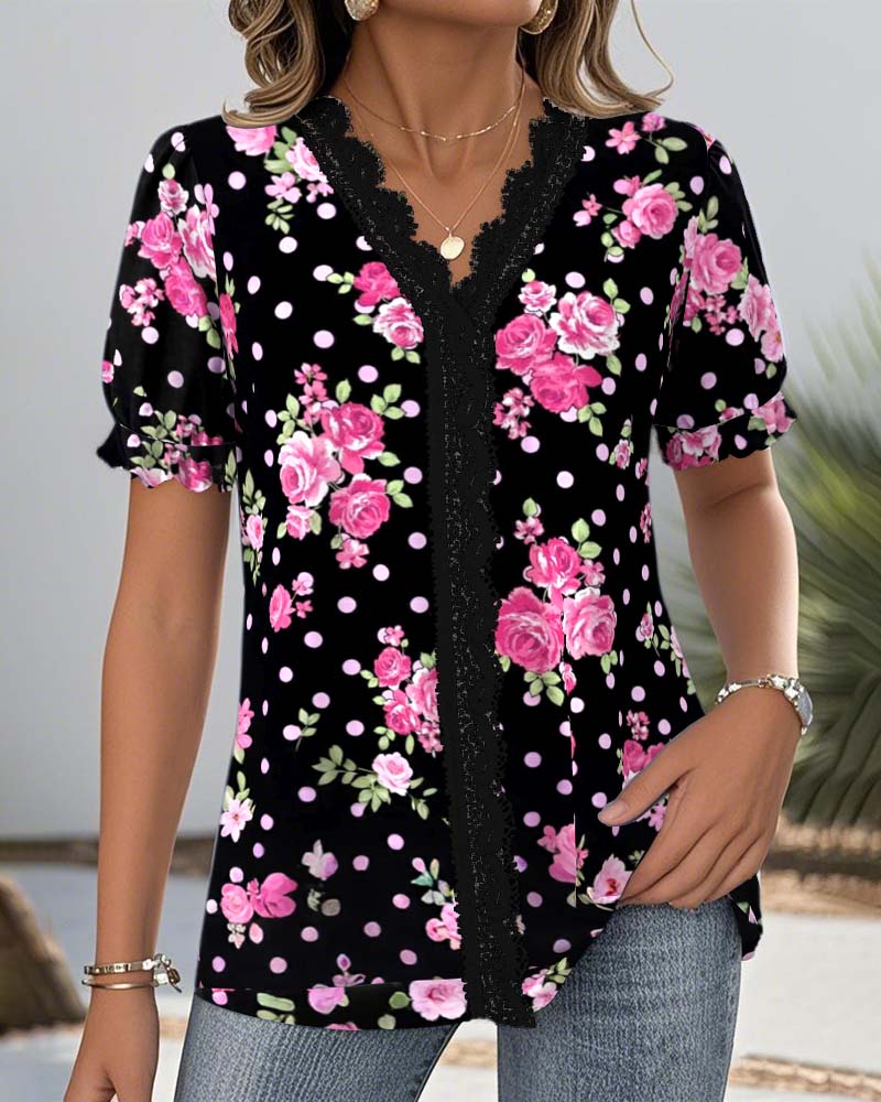 Bluse V-Ausschnitt Spitze Laternenärmel bedruckt