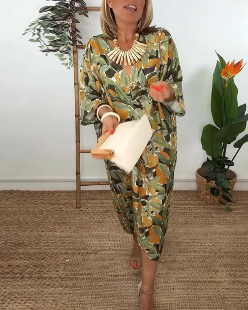 Kleid V-Ausschnitt Falten Print