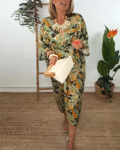 Kleid V-Ausschnitt Falten Print