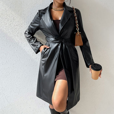 Eleganter Damen-PU-Leder-Trenchcoat mit langen Ärmeln und Taschen – Slim Fit in verschiedenen Farben