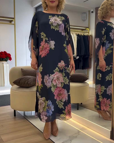 Kleid Rundhals Blumen Schlitz