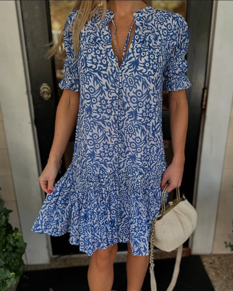 Kleid zum Binden Puffärmel bedruckt