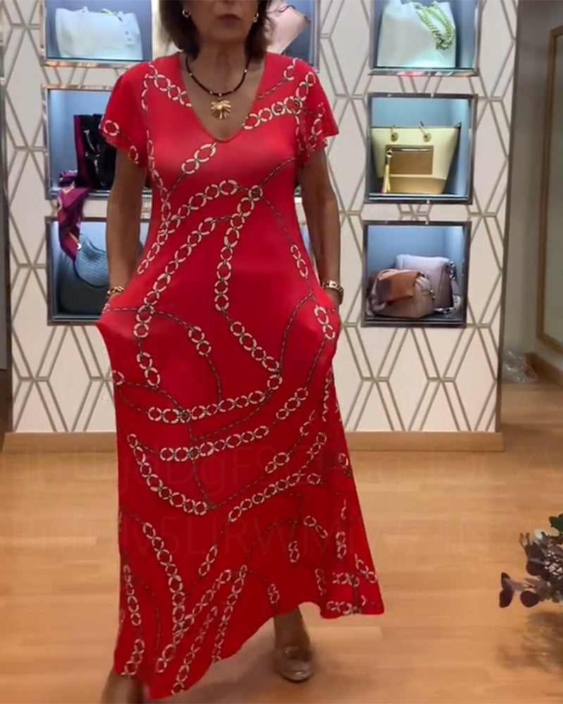 Maxikleid mit V-Ausschnitt und Kettenprint