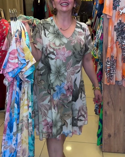 Kleid V-Ausschnitt Blumen Kurzärmlig Druck