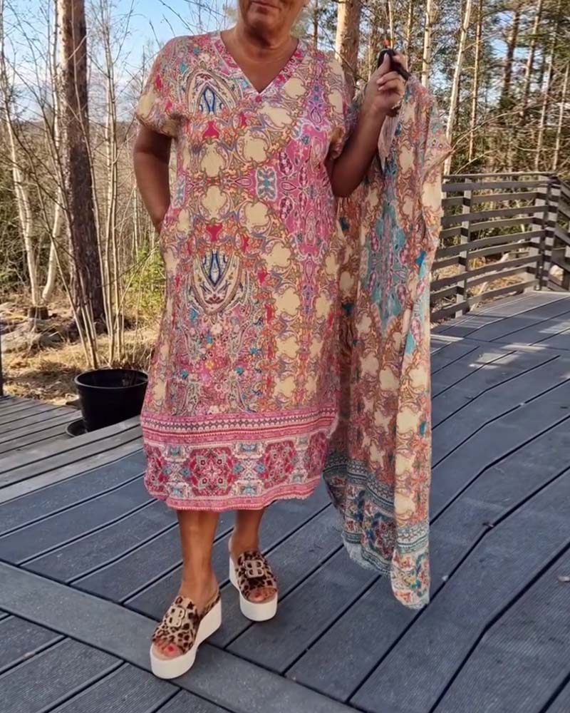 Kleid V-Ausschnitt Kurzarm Bedruckt Gerade