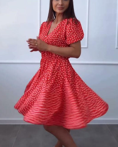 Kleid Punktmuster Druck Knopf V-Ausschnitt