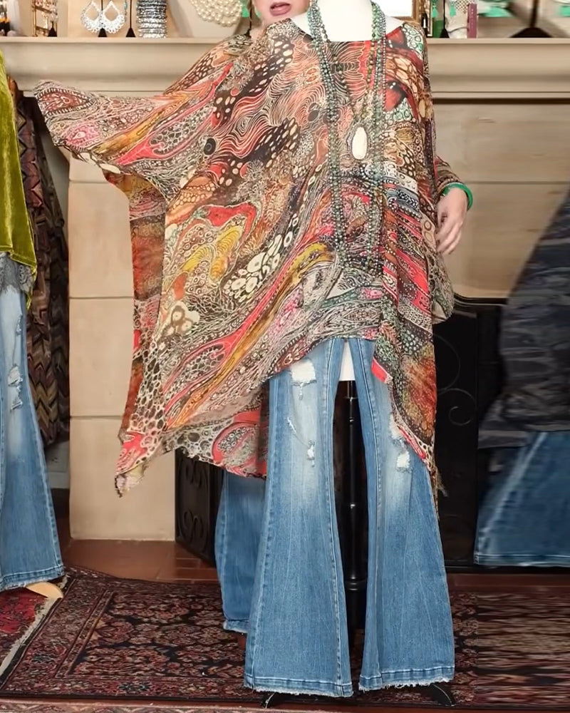 Bluse Locker Fledermausärmel Print