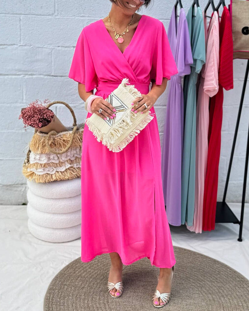 Kleid Einfarbig V-Ausschnitt Taille Chiffon