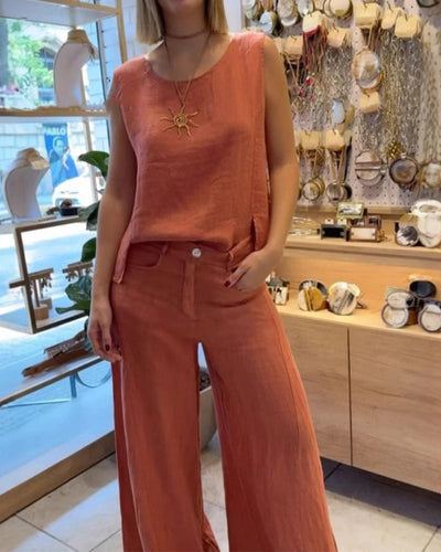 Set Baumwolle Und Leinen Uni-Farben Ärmellose Hose