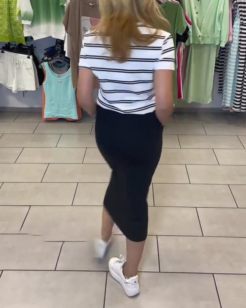 Set Runder Ausschnitt Gestreifter Schlitzrock