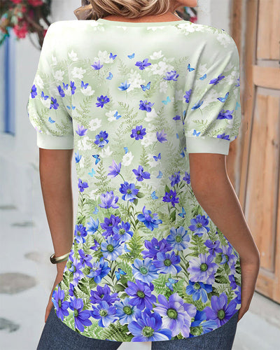 Bluse Kurzärmelig Geblümt Gefaltet