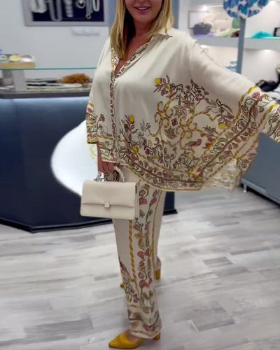 Anzug Modische Fledermausärmel Druck Weites Bein