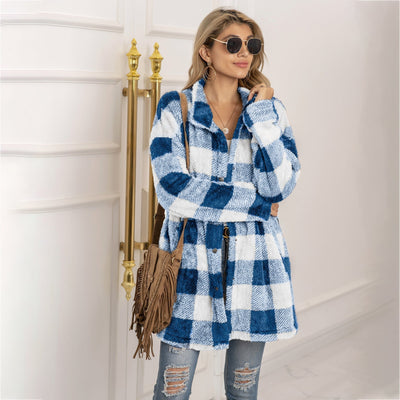 Farbenfrohe Karoblase Fleecejacke für Damen – Modischer Langmantel mit Revers und Ein-Knopf-Verschluss