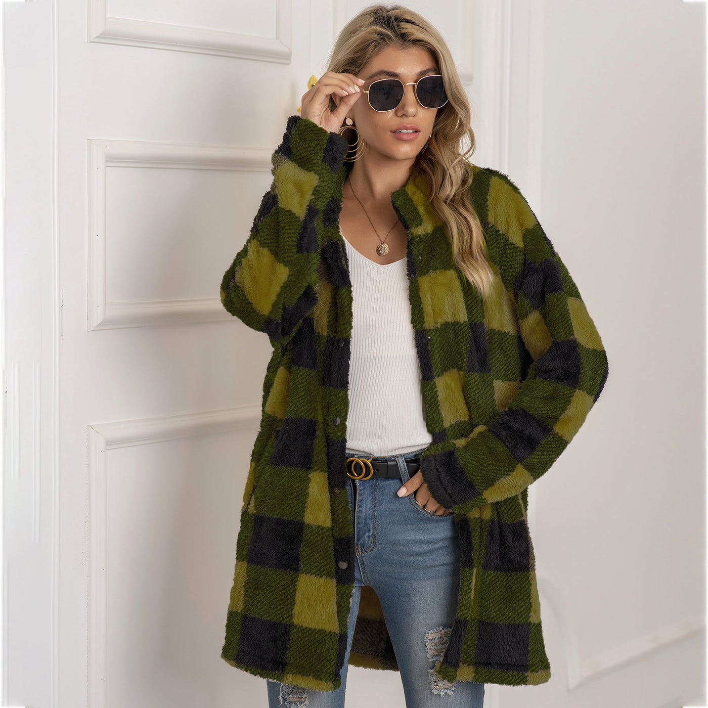 Farbenfrohe Karoblase Fleecejacke für Damen – Modischer Langmantel mit Revers und Ein-Knopf-Verschluss