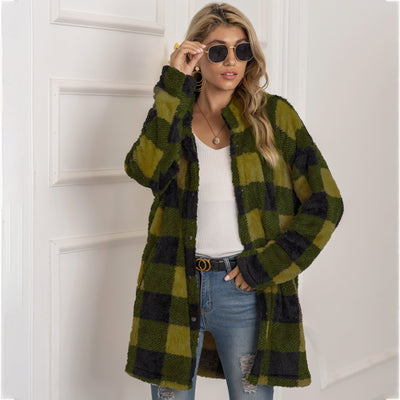 Farbenfrohe Karoblase Fleecejacke für Damen – Modischer Langmantel mit Revers und Ein-Knopf-Verschluss