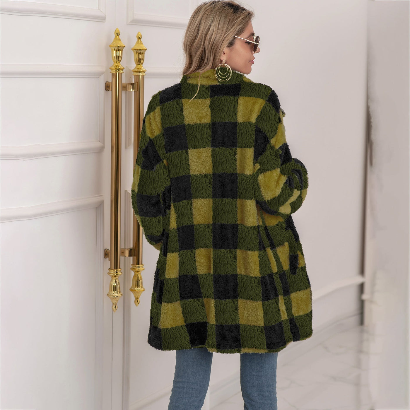 Farbenfrohe Karoblase Fleecejacke für Damen – Modischer Langmantel mit Revers und Ein-Knopf-Verschluss