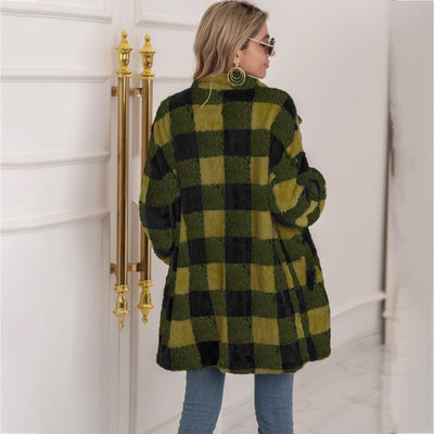 Farbenfrohe Karoblase Fleecejacke für Damen – Modischer Langmantel mit Revers und Ein-Knopf-Verschluss