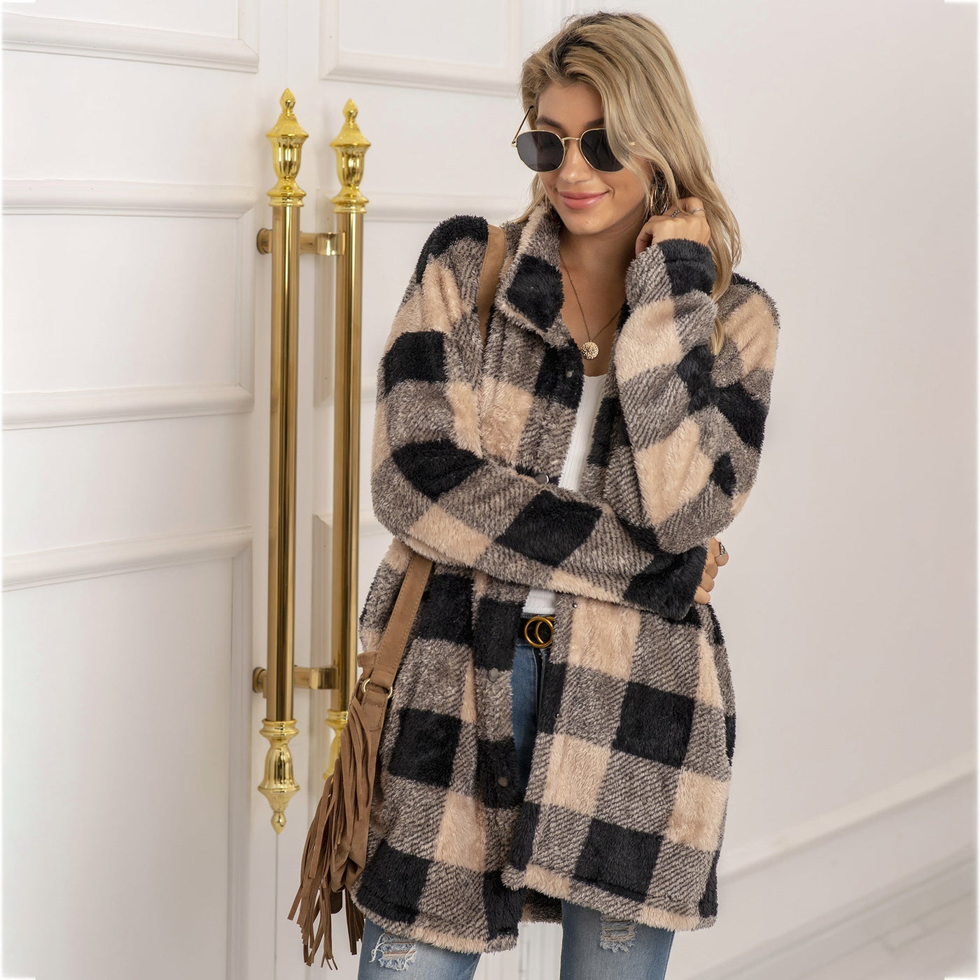 Farbenfrohe Karoblase Fleecejacke für Damen – Modischer Langmantel mit Revers und Ein-Knopf-Verschluss