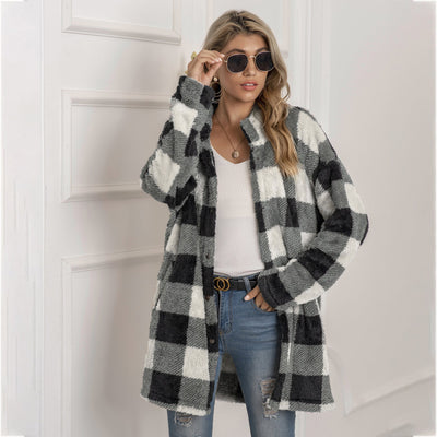 Farbenfrohe Karoblase Fleecejacke für Damen – Modischer Langmantel mit Revers und Ein-Knopf-Verschluss