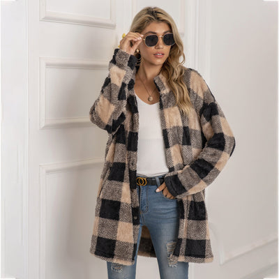 Farbenfrohe Karoblase Fleecejacke für Damen – Modischer Langmantel mit Revers und Ein-Knopf-Verschluss