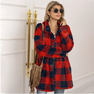 Farbenfrohe Karoblase Fleecejacke für Damen – Modischer Langmantel mit Revers und Ein-Knopf-Verschluss