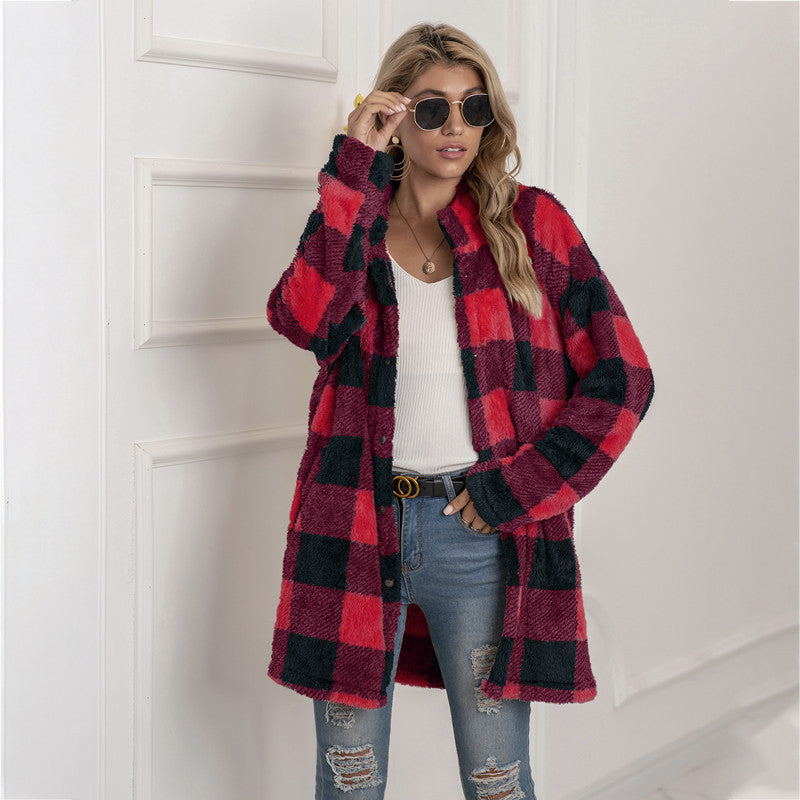 Farbenfrohe Karoblase Fleecejacke für Damen – Modischer Langmantel mit Revers und Ein-Knopf-Verschluss