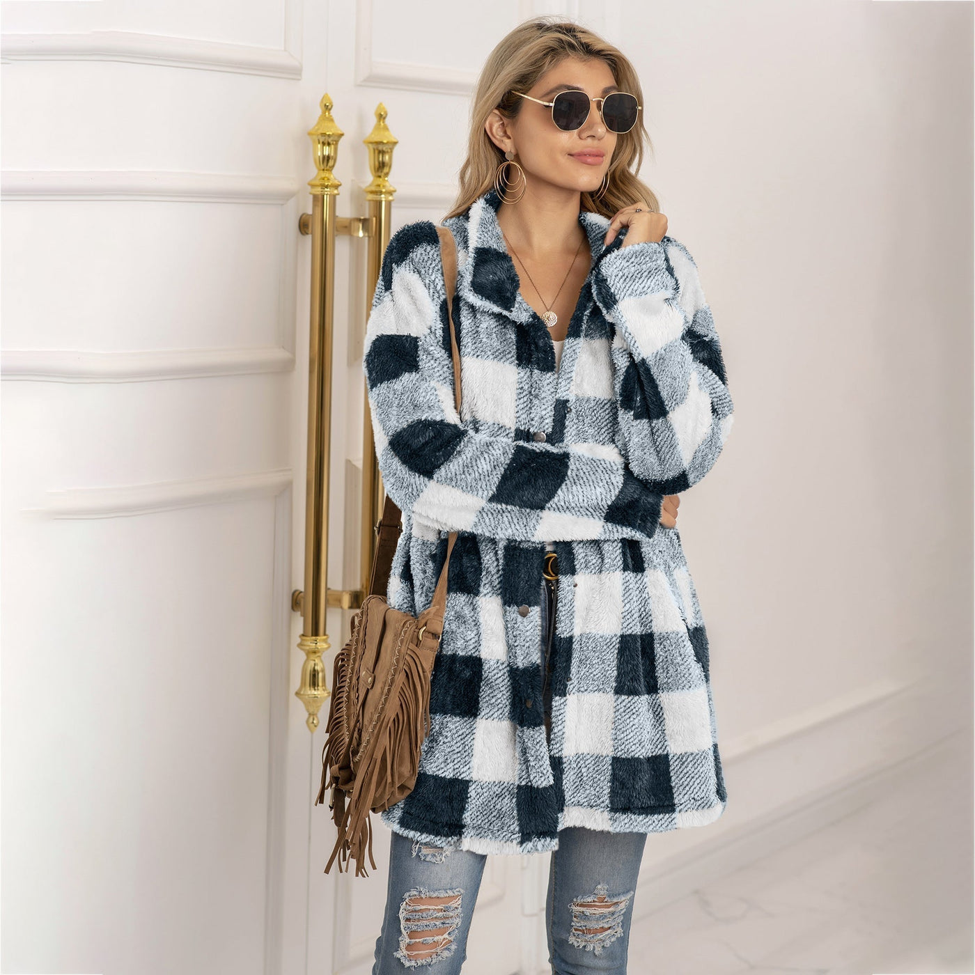 Farbenfrohe Karoblase Fleecejacke für Damen – Modischer Langmantel mit Revers und Ein-Knopf-Verschluss