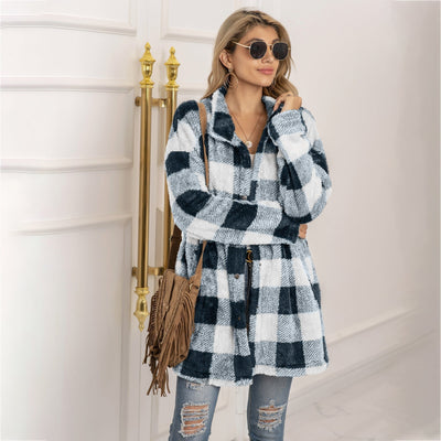 Farbenfrohe Karoblase Fleecejacke für Damen – Modischer Langmantel mit Revers und Ein-Knopf-Verschluss