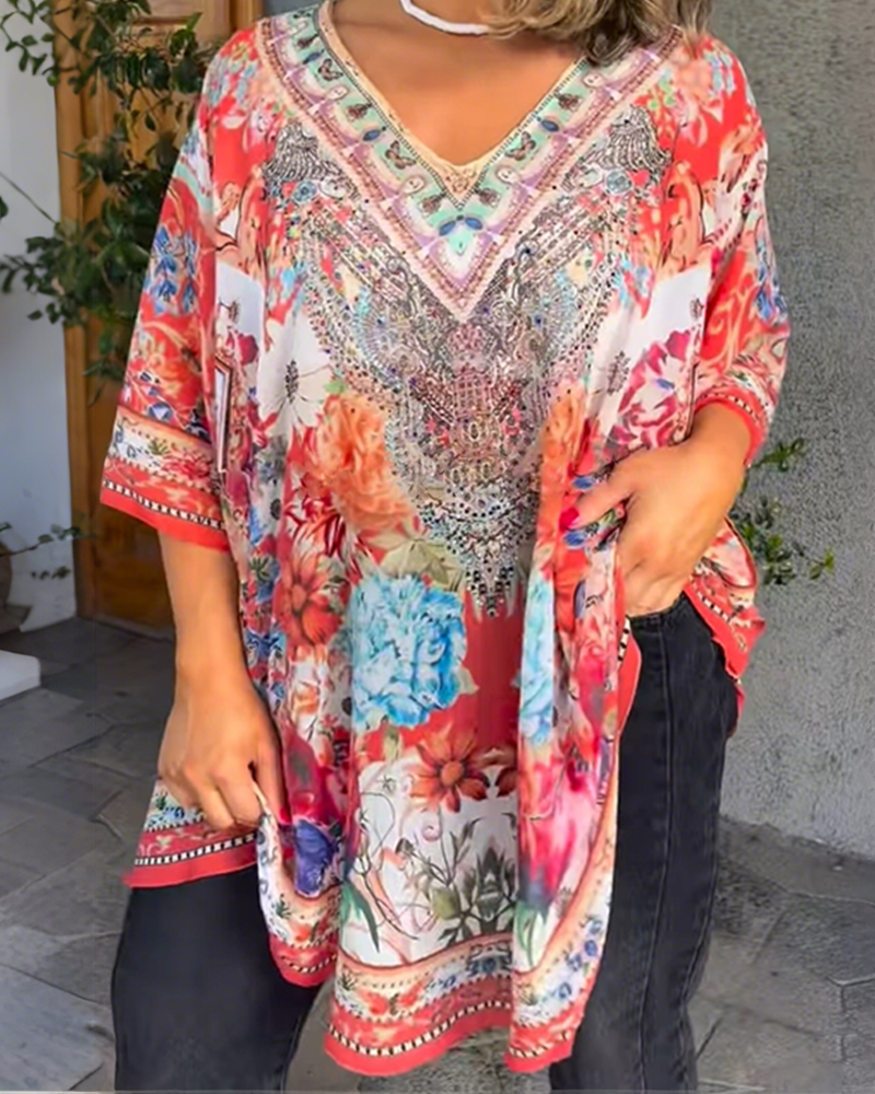 Bluse Fashion V-Ausschnitt geblümt