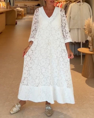 Kleid V-Ausschnitt Hohlspitze Blume locker