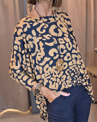 Bluse Runder Hals Fledermausärmel Druck