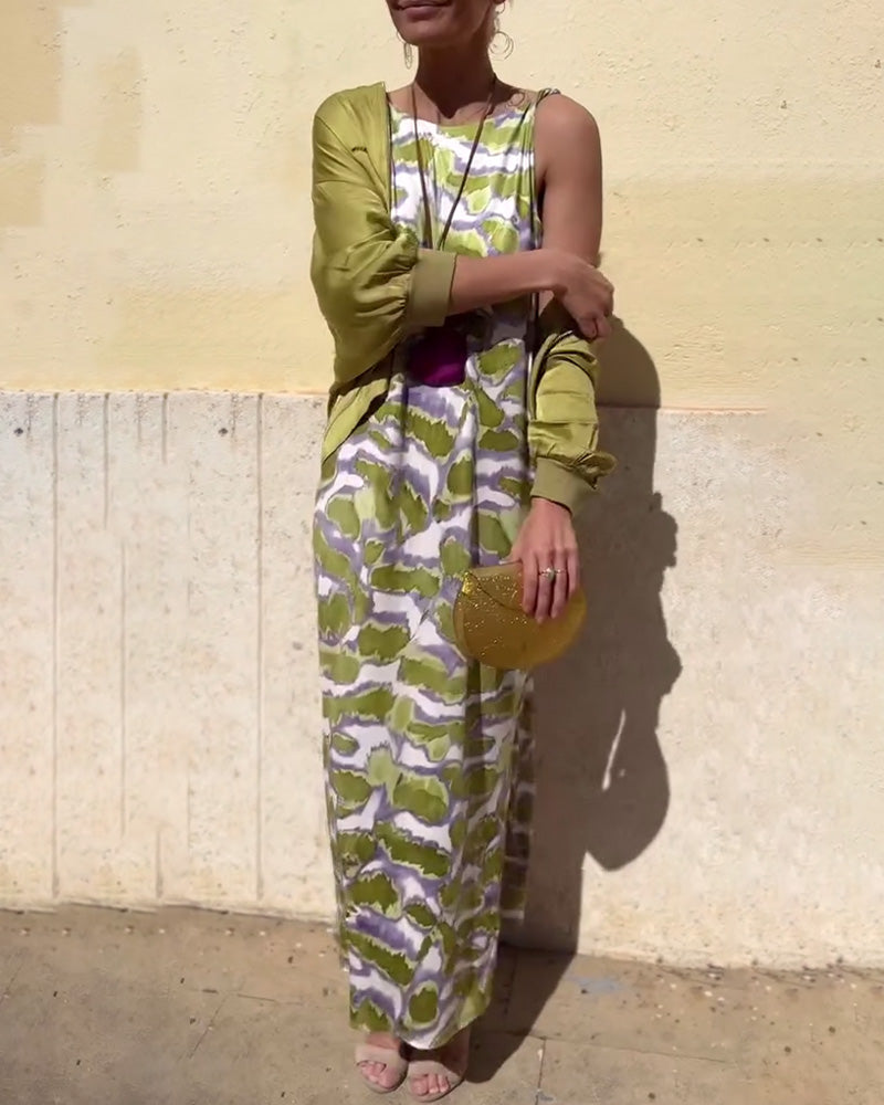 Set Ärmellos Gedrucktes Kleid Und Mantel