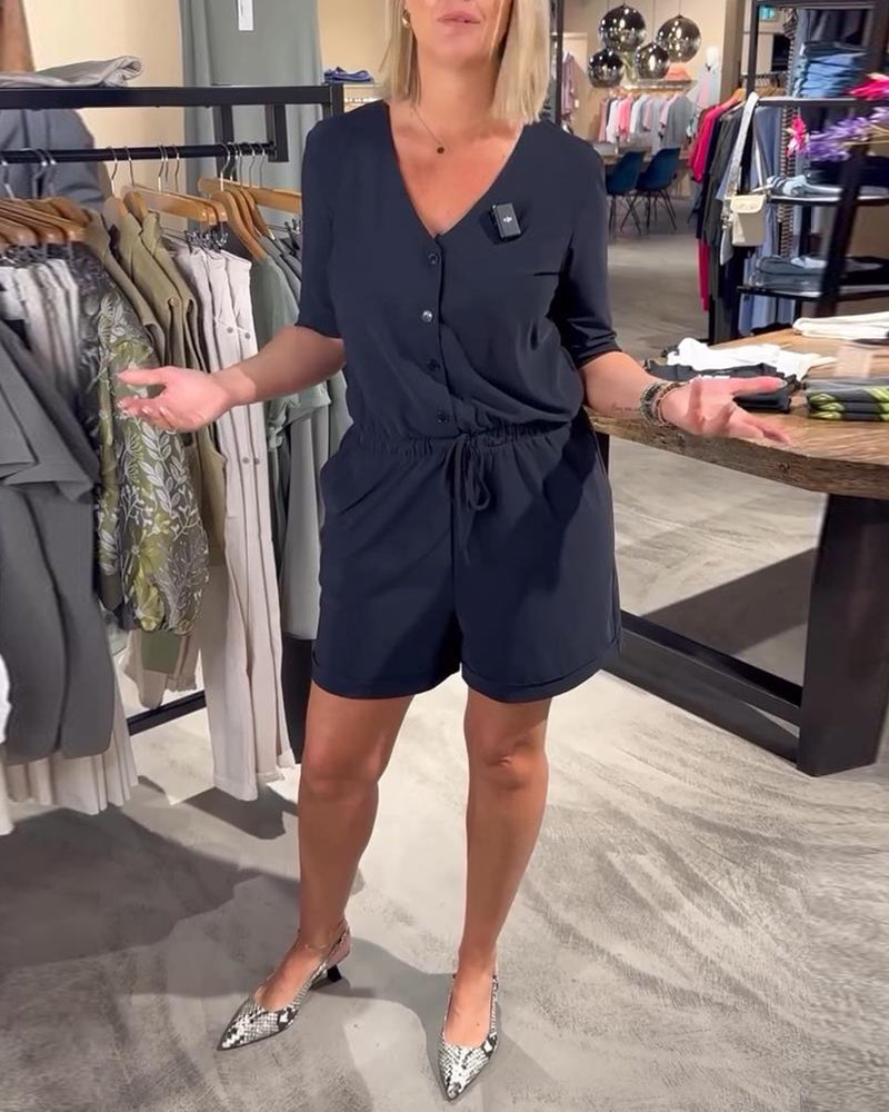 Jumpsuit kurzärmelig V-Ausschnitt Schnürung