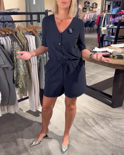 Jumpsuit kurzärmelig V-Ausschnitt Schnürung