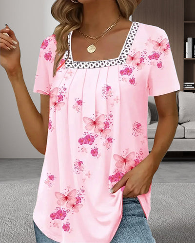 Bluse Weiter Kragen Gerafft Bedruckt Patchwork