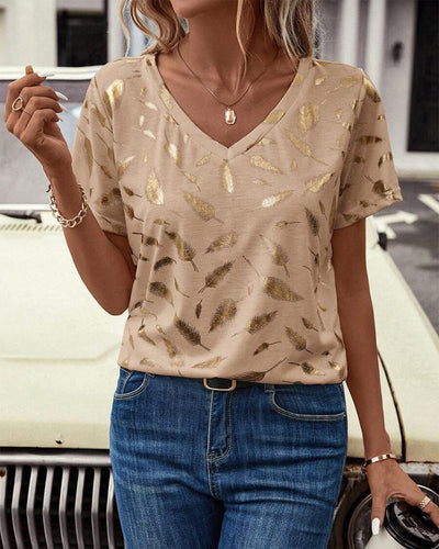 T-Shirt V-Ausschnitt Blattmuster Casual