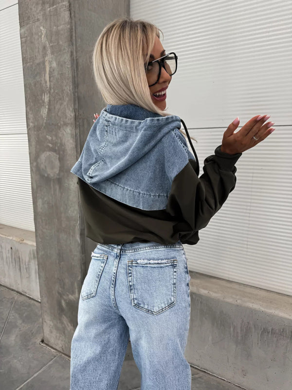 Heidi-Mode | Mode Lockere Freizeit Gewaschene Denim Nähte Kapuzen Sweatshirt für Damen