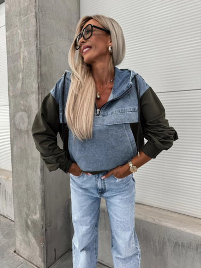 Heidi-Mode | Mode Lockere Freizeit Gewaschene Denim Nähte Kapuzen Sweatshirt für Damen