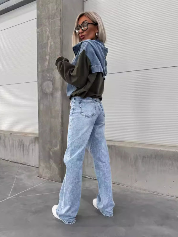 Heidi-Mode | Mode Lockere Freizeit Gewaschene Denim Nähte Kapuzen Sweatshirt für Damen