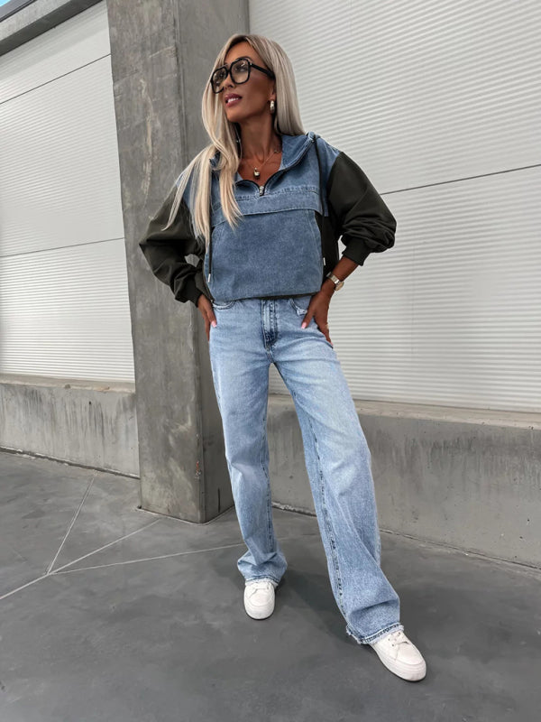 Heidi-Mode | Mode Lockere Freizeit Gewaschene Denim Nähte Kapuzen Sweatshirt für Damen