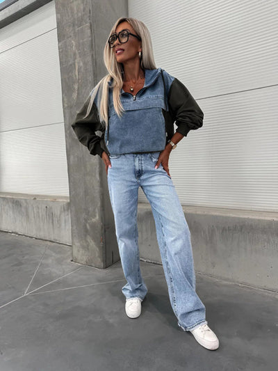 Heidi-Mode | Mode Lockere Freizeit Gewaschene Denim Nähte Kapuzen Sweatshirt für Damen