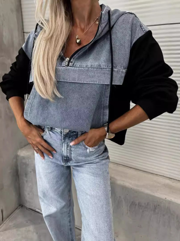 Heidi-Mode | Mode Lockere Freizeit Gewaschene Denim Nähte Kapuzen Sweatshirt für Damen